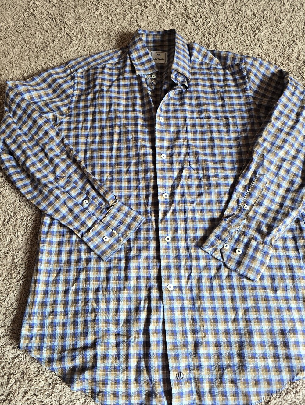 David Donahue Men's Size L Cotton Plaid Button Up Dress Shirt Blue Gold Khaki